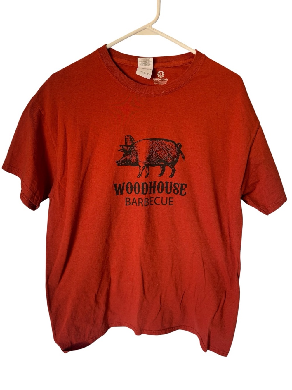 Woodhouse Barbecue Our Wood Is Good For Hours Men's L Orange Graphic Tee